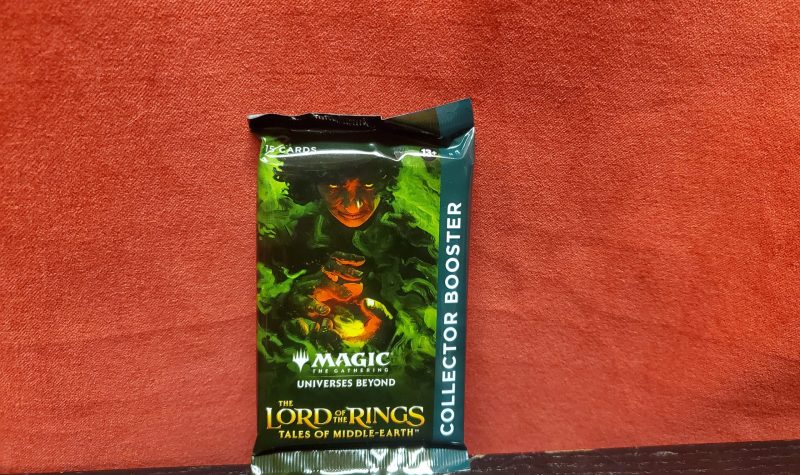 A Magic: the Gathering Lord of the Rings collector booster against a red backgroudn