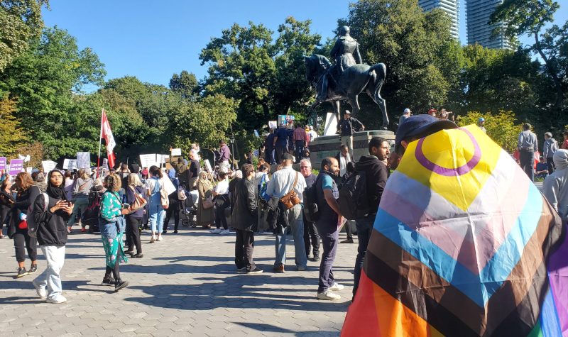 A person wearing a 2SLGBTQ+ flag stands in front of a large group of Million March protestors