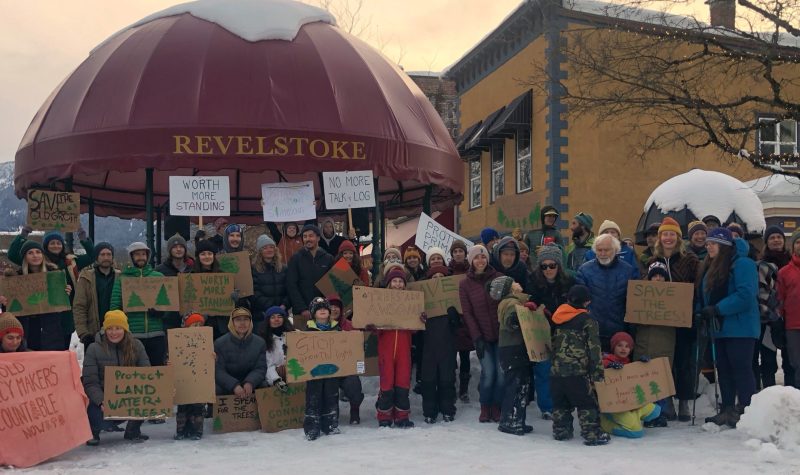A crowd groups together for a photo holding protest signs under a gazebo that says Revelstoke on it.