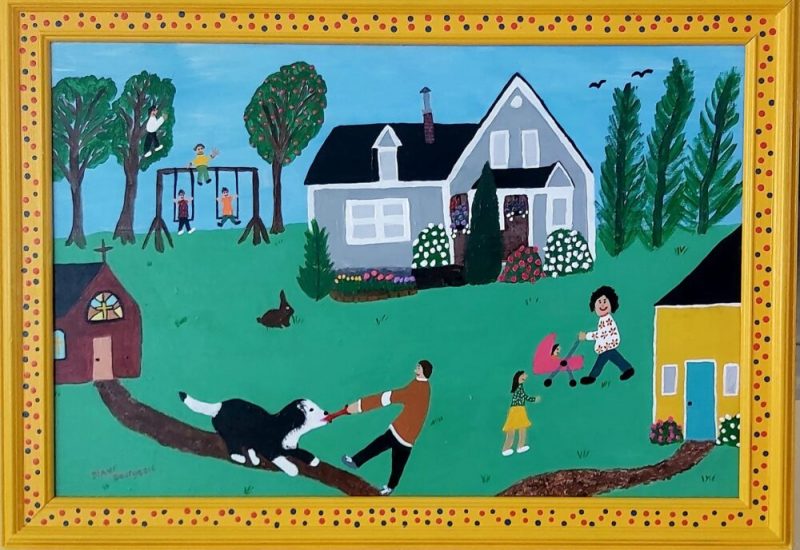 Peinture démontrant des maisons et des enfants jouant à l'extérieur par une belle journée d'été.
