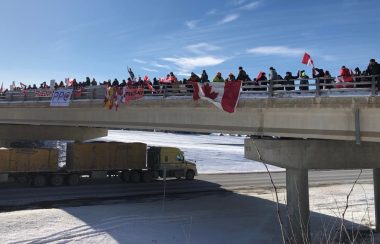 Des manifestants sur un pont