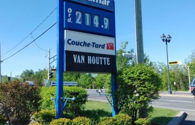 Pictured is an Ultramar gas price sign in Bromont, Quebec. The price indicated is $2.14 a litre.