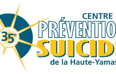 Pictured is the logo for the The Centre de prévention du suicide de la Haute-Yamaska. To the left is a sunshine with the number 35 in the centre to mark the group's 35 anniversary. To the left is written The Centre de prévention du suicide de la Haute-Yamaska in blue and yellow.