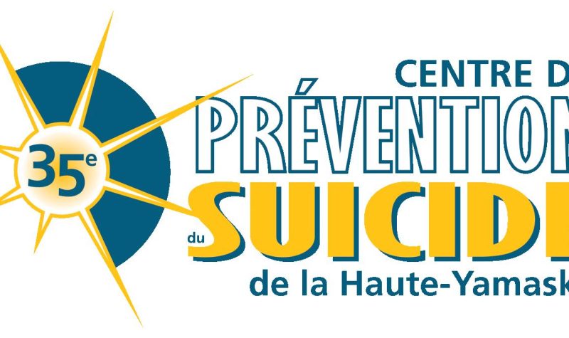 Pictured is the logo for the The Centre de prévention du suicide de la Haute-Yamaska. To the left is a sunshine with the number 35 in the centre to mark the group's 35 anniversary. To the left is written The Centre de prévention du suicide de la Haute-Yamaska in blue and yellow.