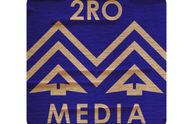 A gold and purple logo with triangular shapes and trees with the words 2 Ro Media.