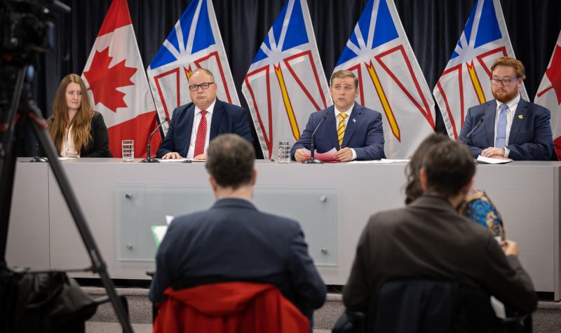 Four people sit at a news conference table with the NL and Canada flags in the background.