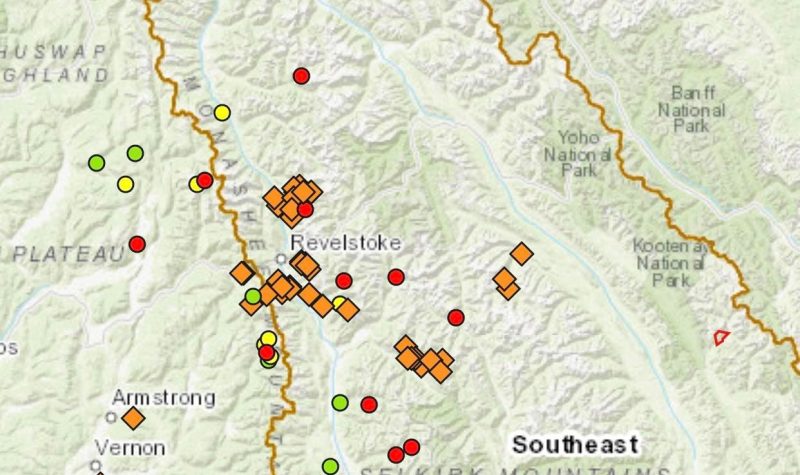 A map of the Revelstoke area with red circles and orange diamonds scattered across it.