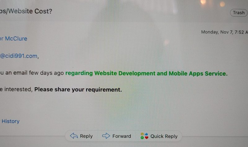 A fraudulent email from someone claiming to be a website developer.