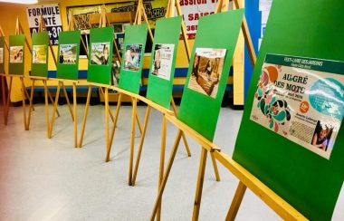 Une série de chevets de couleur bois placé en rang muni chacun de pancarte verte avec des affiches collés.