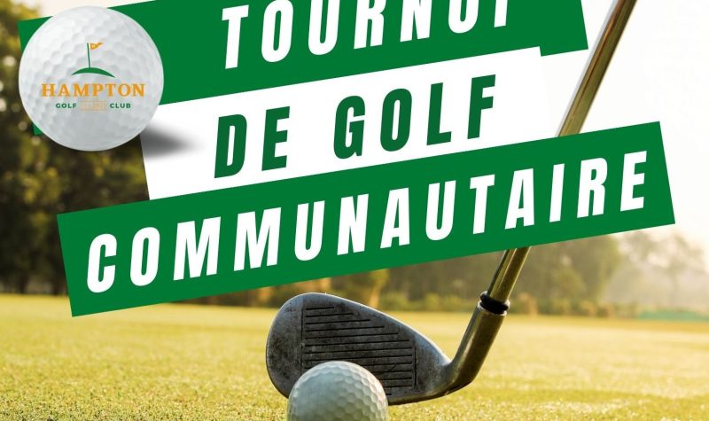 Une balle et un club de golf illustre l'affiche du 3eme tournoi de golf communautaire.