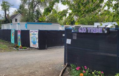 Photo of a tiny home village with flowers in front and artwork on the fence.