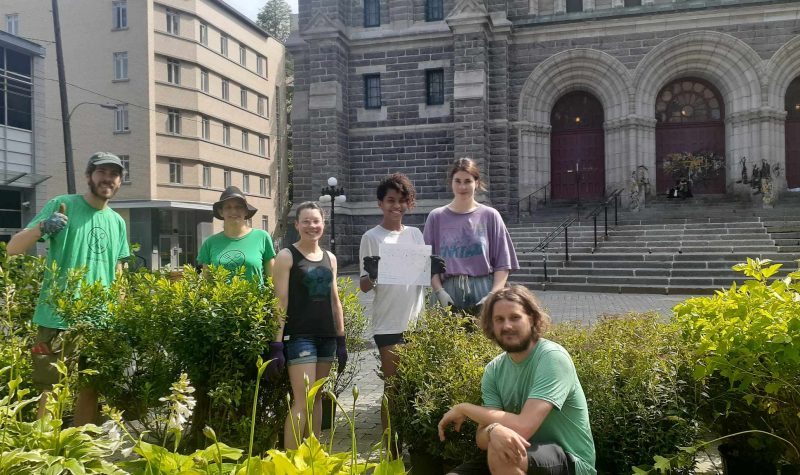 De gauche à droite, les membres de l'équipe d'Engrenage entourée de végétaux qu'ils s'apprêtent à planter. En arrière d'eux se trouve l'église Saint-Roch.