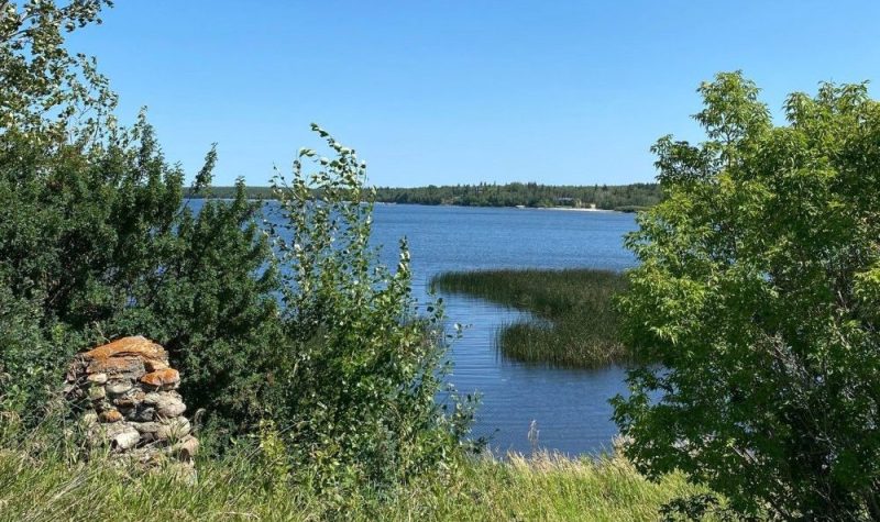 Un lac bleu précédé d'un bout de terre avec quelques arbustes et des pierre. Au loin, on voit l'autre rivage, avec de la végétation.