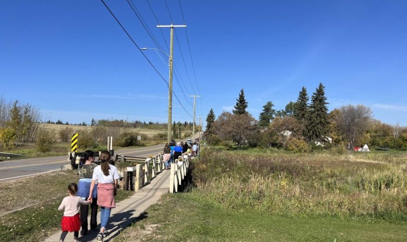 Des enfants marchent sur un pont en bois en bordure de route.