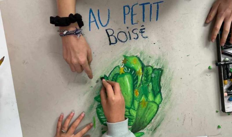 A pair of child's hands and a braceleted adult hand pointing to the image. The image appears to be a green cactus, under the words Au Petit Boise. To the right of the photo is the edge of an art supplies box and a child's hand.