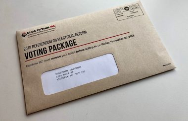 A photo of the mail-in voting package for the OCt 2020 BC provincial election.