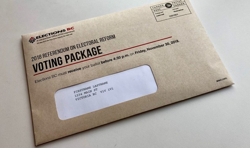 A photo of the mail-in voting package for the OCt 2020 BC provincial election.