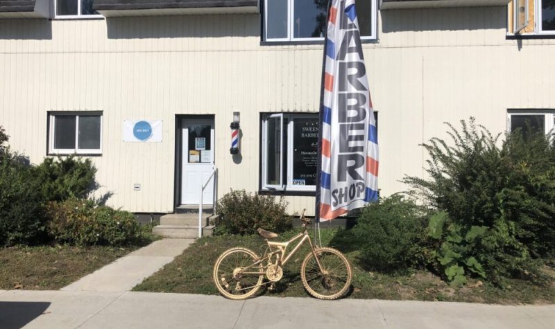 A photo of a children's bicycle, spray painted in gold, sits outside of Sweeny T's Barbershop in Mount Forest.