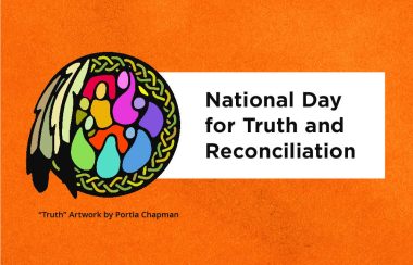 A poster for National Day for Truth and Reconciliation on an orange background with Indigenous artwork within.
