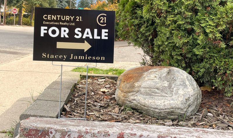 A For Sale sign sits in a roadside planter containing a rock and cedar bush.