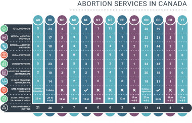 An infographic shows the access numbers and rates of access to abortion services by province.