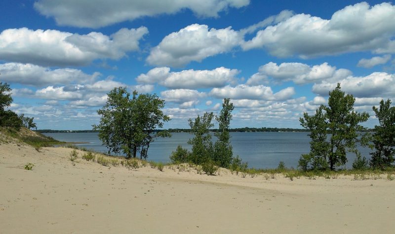 A photo of beach sand in the foreground, with green grass and trees in the midground, and a peninsular body of water meeting an evenly clouded sky at the horizon in the background.