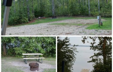 Montage photo montrant des sites de camping, avec surfaces de gravier et des arbres en arrière-plan, Une photo montre aussi un quai sur le bord du Lac La Biche.