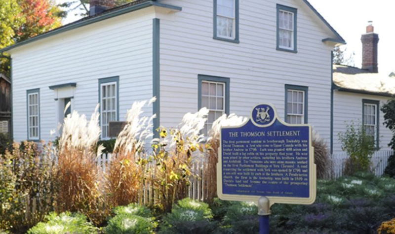 A white building with a blue and gold sign in front. There are large bushes of brown and green stems around the building.