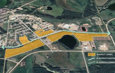 Un plan de Lac la Biche avec une zone délimitée en orange pour pointer la zone de construction.