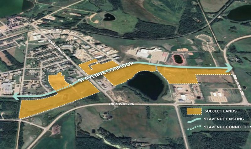 Un plan de Lac la Biche avec une zone délimitée en orange pour pointer la zone de construction.