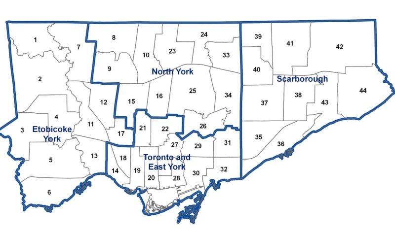 A map of different sections with numbers on them. The map is outlined in blue.