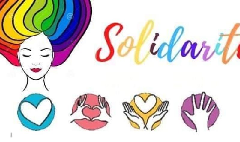 Picture of a cartoon woman with rainbow hair that reads solidarity.