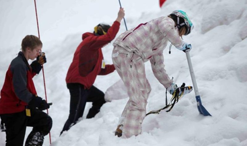 Children on a snowy mountain learning avalanche safety.