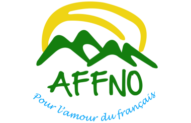 A logo that looks like a drawing with a yellow sun, green mountains, and the letters AFFNO and 'Pour l'amour du francais'