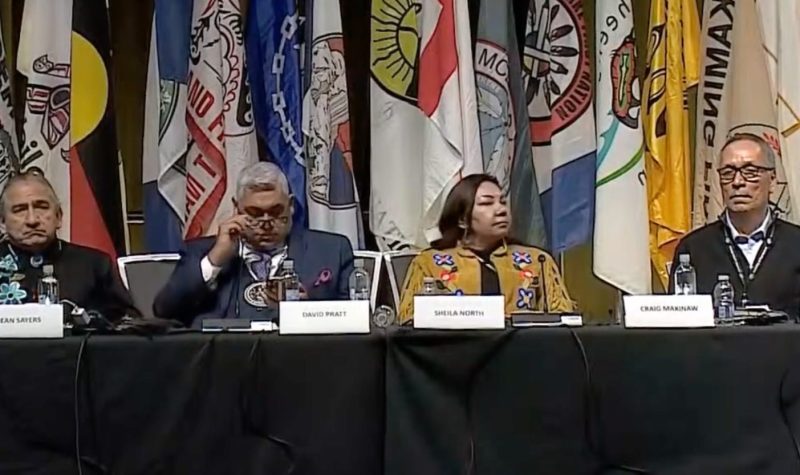 Six people sit at table covered with black cloth and name cards, First Nations flags in the background.