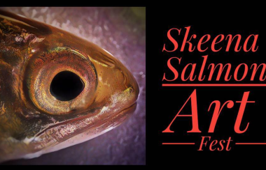 Painting of a salmon eye next to red text on a black background saying Skeena Salmon Art Fest