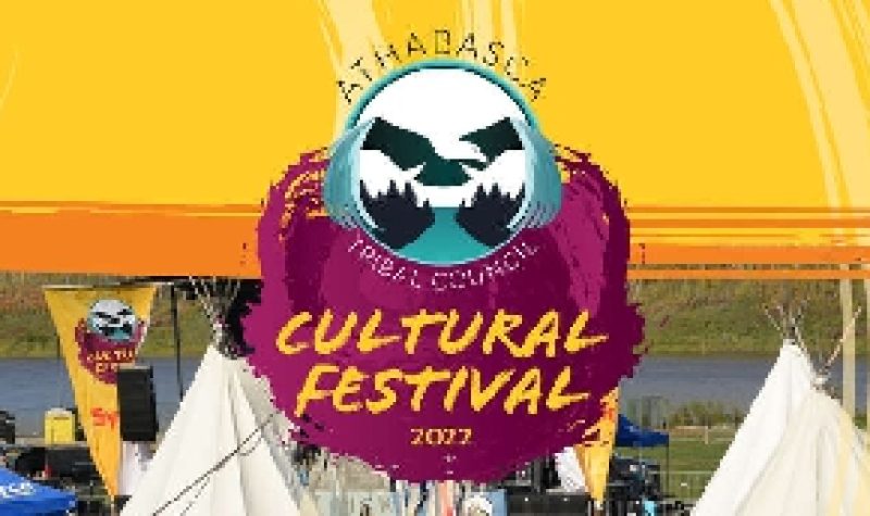 A poster for the Athabasca Tribal Council Cultural Festival is it a pink logo on top of a background of a sunset with tipis featured.