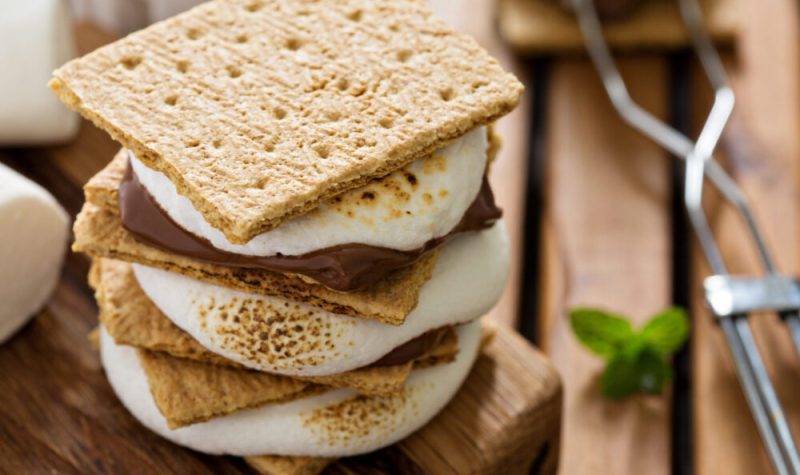 Un s'more fait à partir de biscuits, d'un morceau de chocolat et d'une guimauve.