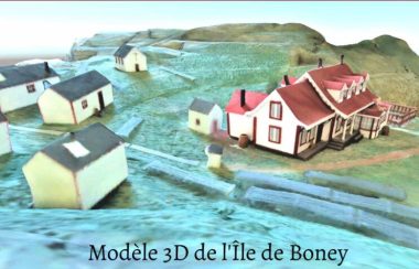 Image en 3D d'un petit village de la Basse-Côte-Nord. On aperçoit des maisonnettes, des valons et la mer.