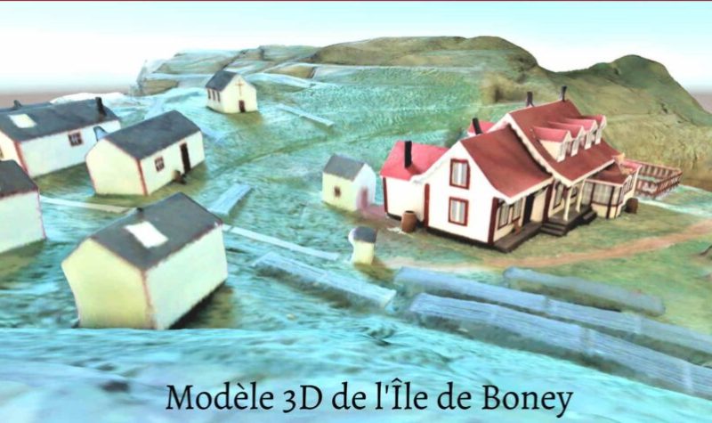 Image en 3D d'un petit village de la Basse-Côte-Nord. On aperçoit des maisonnettes, des valons et la mer.