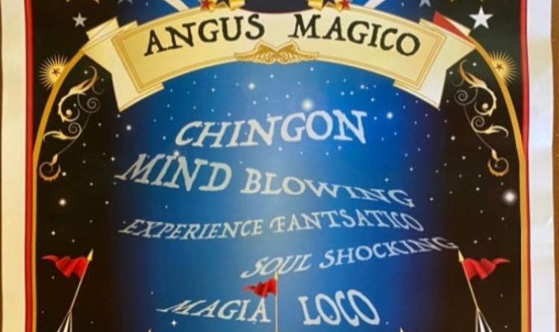 Angus Magico poster with circus tent tops under the night sky.