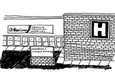 A black and white drawing and cartoon of a hospital with brick walls and a big letter 'h' on the side