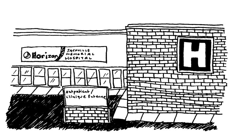 An illustration of the Sackville Memorial Hospital in black and white.