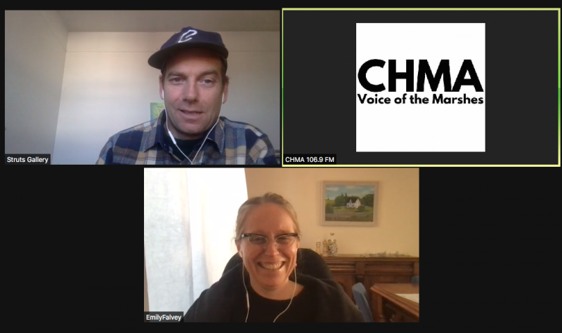 A zoom screenshot of two people talking on video chat and a third person off screen represented by a white and black CHMA logo