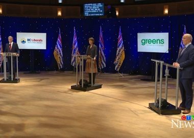 Liberal leader Andrew Wilkinson, Green Leader Sonia Furstenau, NDP leader John Horgan debate the issues.  Photo courtesy BC Local News.com