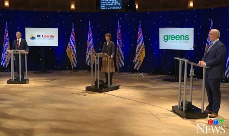 Liberal leader Andrew Wilkinson, Green Leader Sonia Furstenau, NDP leader John Horgan debate the issues.  Photo courtesy BC Local News.com