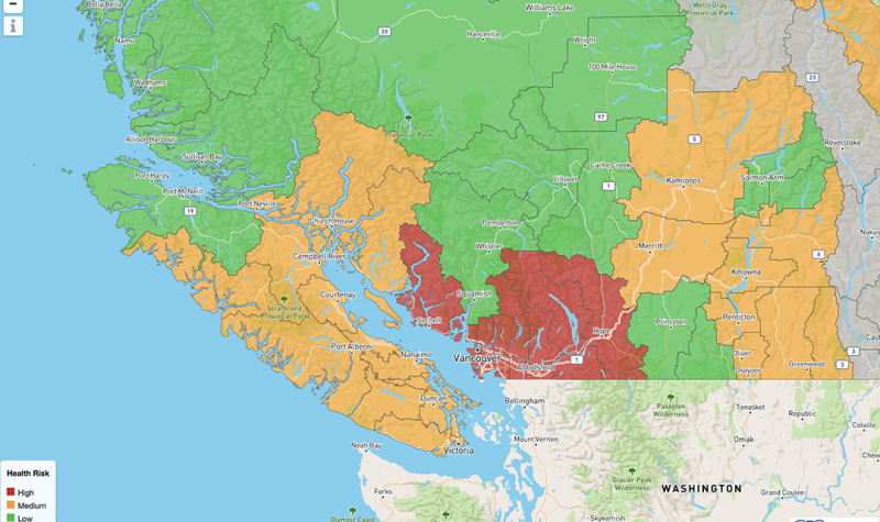 Screenshot of a map of British Columbia showing much of Vancouver Island in orange indicating a moderate impact to health from heat and the Sunshine Coast and Lower Mainland in Red indicating a high risk to health.