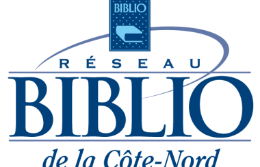 Les mots réseau biblio de la Côte-Nord écrit en bleu sur fond blanc.