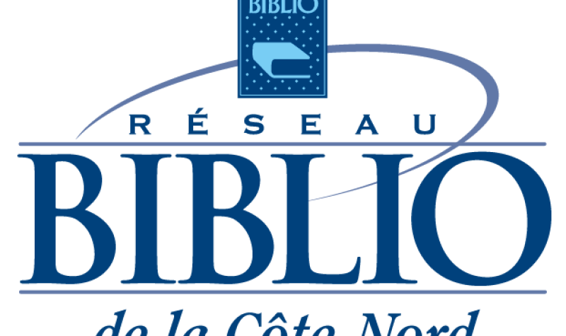 Les mots réseau biblio de la Côte-Nord écrit en bleu sur fond blanc.