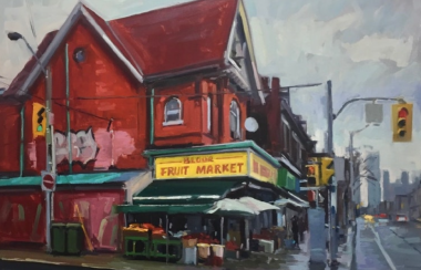 The Bloor Food Market is a 2017 painting in Brian Harvey's collection. The market is located in Toronto's west end. Photo is courtesy of Brian Harvey's website.